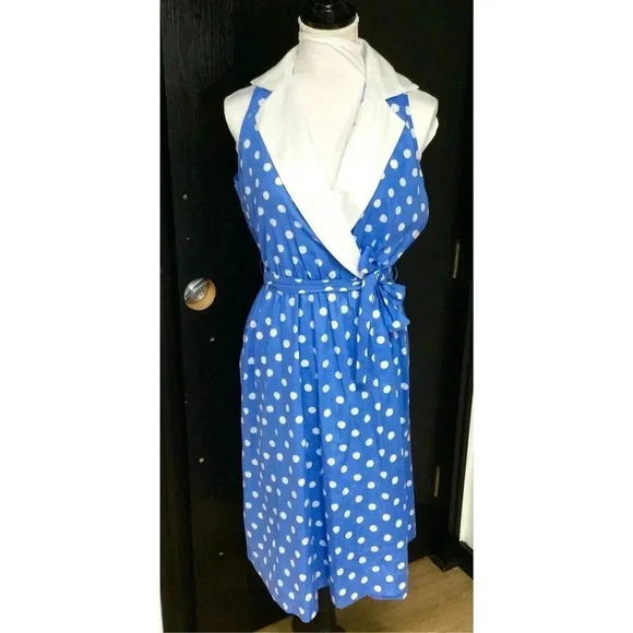 Vintage Komar Womens Blue White Polka Dot Sleeveless Tie Waist Wrap Dress Large - Picture 4 of 12